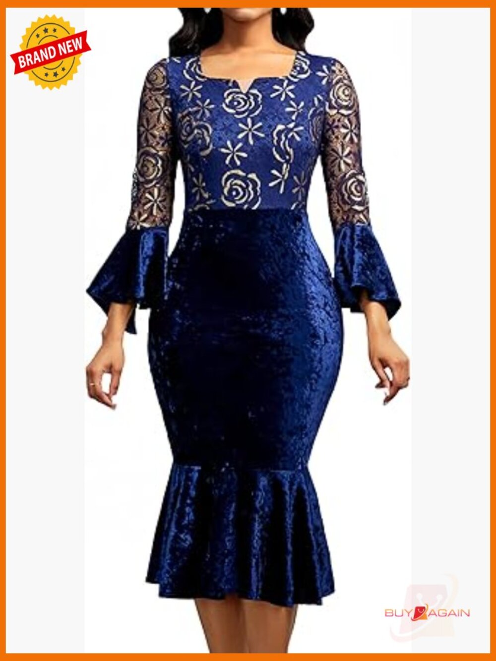 Midi Lace Dress Bodycon Fishtail Scoop Neck Long Sleeve Cocktail Party Banquet